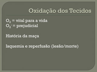 O2 = vital para a vida
O2
- = prejudicial
História da maça
Isquemia e reperfusão (lesão/morte)
 