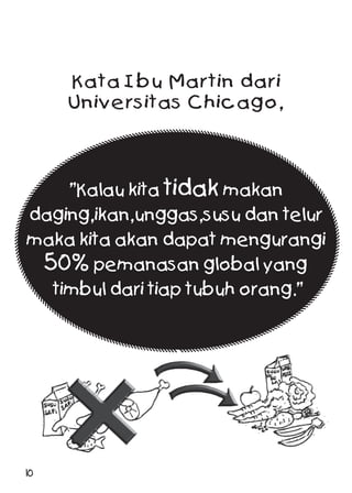 Kata Ibu Martin dari
Universitas Chicago,
”Kalau kita tidak makan
daging,ikan,unggas,susu dan telur
maka kita akan dapat mengurangi
50% pemanasan global yang
timbul dari tiap tubuh orang.”
10
 