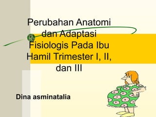 Perubahan Anatomi
dan Adaptasi
Fisiologis Pada Ibu
Hamil Trimester I, II,
dan III
Dina asminatalia

 