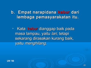 2020
b. Empat narapidanab. Empat narapidana kaburkabur daridari
lembaga pemasyarakatan itu.lembaga pemasyarakatan itu.

KataKata kaburkabur dianggap baik padadianggap baik pada
masa lampau, yaitumasa lampau, yaitu larilari, tetapi, tetapi
sekarang dirasakan kurang baik,sekarang dirasakan kurang baik,
yaituyaitu menghilangmenghilang..
UN ‘06UN ‘06
 