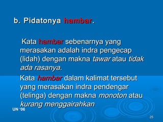 2525
b. Pidatonyab. Pidatonya hambarhambar..
KataKata hambarhambar sebenarnya yangsebenarnya yang
merasakan adalah indra pengecapmerasakan adalah indra pengecap
(lidah) dengan makna(lidah) dengan makna tawartawar atauatau tidaktidak
ada rasanya.ada rasanya.
KataKata hambarhambar dalam kalimat tersebutdalam kalimat tersebut
yang merasakan indra pendengaryang merasakan indra pendengar
(telinga) dengan makna(telinga) dengan makna monotonmonoton atauatau
kurang menggairahkankurang menggairahkan
UN ‘06UN ‘06
 