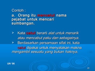 2929
Contoh :Contoh :
a. Orang itua. Orang itu mencatutmencatut namanama
pejabat untuk mencaripejabat untuk mencari
sumbangan.sumbangan.
 KataKata catutcatut berartiberarti alat untuk menarikalat untuk menarik
atau mencabut paku dan sebagainyaatau mencabut paku dan sebagainya..
 Berdasarkan persamaan sifat ini, kataBerdasarkan persamaan sifat ini, kata
catutcatut dipakai untuk menyatakan maknadipakai untuk menyatakan makna
mengambil sesuatu yang bukanmengambil sesuatu yang bukan haknyahaknya..
UN ‘06UN ‘06
 