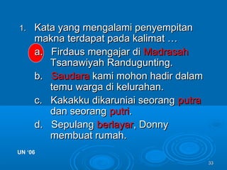 3333
1.1. Kata yang mengalami penyempitanKata yang mengalami penyempitan
makna terdapat pada kalimat …makna terdapat pada kalimat …
a. Firdaus mengajar dia. Firdaus mengajar di MadrasahMadrasah
Tsanawiyah Randugunting.Tsanawiyah Randugunting.
b.b. SaudaraSaudara kami mohon hadir dalamkami mohon hadir dalam
temu warga di kelurahan.temu warga di kelurahan.
c. Kakakku dikaruniai seorangc. Kakakku dikaruniai seorang putraputra
dan seorangdan seorang putriputri..
d. Sepulangd. Sepulang berlayarberlayar, Donny, Donny
membuat rumah.membuat rumah.
UN ‘06UN ‘06
 