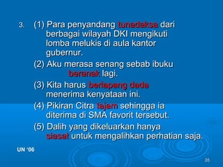 3535
3.3. (1) Para penyandang(1) Para penyandang tunadaksatunadaksa daridari
berbagai wilayah DKI mengikutiberbagai wilayah DKI mengikuti
lomba melukis di aula kantorlomba melukis di aula kantor
gubernur.gubernur.
(2) Aku merasa senang sebab ibuku(2) Aku merasa senang sebab ibuku
beranakberanak lagi.lagi.
(3) Kita harus(3) Kita harus berlapang dadaberlapang dada
menerima kenyataan ini.menerima kenyataan ini.
(4) Pikiran Citra(4) Pikiran Citra tajamtajam sehingga iasehingga ia
diterima di SMA favorit tersebut.diterima di SMA favorit tersebut.
(5) Dalih yang dikeluarkan hanya(5) Dalih yang dikeluarkan hanya
siasatsiasat untuk mengalihkan perhatian saja.untuk mengalihkan perhatian saja.
UN ‘06UN ‘06
 