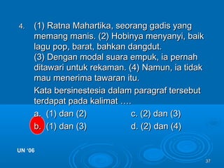 3737
4.4. (1) Ratna Mahartika, seorang gadis yang(1) Ratna Mahartika, seorang gadis yang
memang manis. (2) Hobinya menyanyi, baikmemang manis. (2) Hobinya menyanyi, baik
lagu pop, barat, bahkan dangdut.lagu pop, barat, bahkan dangdut.
(3) Dengan modal suara empuk, ia pernah(3) Dengan modal suara empuk, ia pernah
ditawari untuk rekaman. (4) Namun, ia tidakditawari untuk rekaman. (4) Namun, ia tidak
mau menerima tawaran itu.mau menerima tawaran itu.
Kata bersinestesia dalam paragraf tersebutKata bersinestesia dalam paragraf tersebut
terdapat pada kalimat ….terdapat pada kalimat ….
a. (1) dan (2)a. (1) dan (2) c. (2) dan (3)c. (2) dan (3)
b. (1) dan (3)b. (1) dan (3) d. (2) dan (4)d. (2) dan (4)
UN ‘06UN ‘06
 