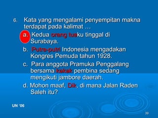 3939
6.6. Kata yang mengalami penyempitan maknaKata yang mengalami penyempitan makna
terdapat pada kalimat …terdapat pada kalimat …
a. Keduaa. Kedua orang tuaorang tuaku tinggal diku tinggal di
Surabaya.Surabaya.
b.b. Putra-putriPutra-putri Indonesia mengadakanIndonesia mengadakan
Kongres Pemuda tahun 1928.Kongres Pemuda tahun 1928.
c. Para anggota Pramuka Penggalangc. Para anggota Pramuka Penggalang
bersamabersama kakakkakak pembina sedangpembina sedang
mengikuti jambore daerah.mengikuti jambore daerah.
d. Mohon maaf,d. Mohon maaf, DikDik, di mana Jalan Raden, di mana Jalan Raden
Saleh itu?Saleh itu?
UN ‘06UN ‘06
 