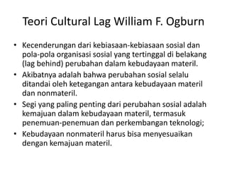 Teori Cultural Lag William F. Ogburn
• Kecenderungan dari kebiasaan-kebiasaan sosial dan
pola-pola organisasi sosial yang tertinggal di belakang
(lag behind) perubahan dalam kebudayaan materil.
• Akibatnya adalah bahwa perubahan sosial selalu
ditandai oleh ketegangan antara kebudayaan materil
dan nonmateril.
• Segi yang paling penting dari perubahan sosial adalah
kemajuan dalam kebudayaan materil, termasuk
penemuan-penemuan dan perkembangan teknologi;
• Kebudayaan nonmateril harus bisa menyesuaikan
dengan kemajuan materil.
 