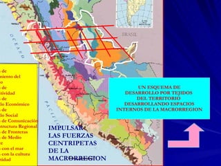 IMPULSAR LAS FUERZAS  CENTRIPETAS  DE LA MACRORREGION   UN ESQUEMA DE DESARROLLO POR TEJIDOS  DEL TERRITORIO  DESARROLLANDO ESPACIOS INTERNOS DE LA MACRORREGION Políticas de  Ordenamiento del  Territorio Políticas de  Competitividad Políticas de Desarrollo Económico Políticas de  Desarrollo Social Políticas de Comunicación  e Infraestructura Regional Políticas de Fronteras Políticas de Medio Ambiente Políticas con el mar Políticas con la cultura y la identidad 