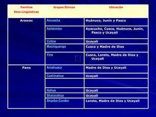 Loreto, Madre de Dios y Ucayali  Shipibo-Conibo Ucayali Sharanahua Ucayali Nahua   Ucayali Cashinahua Madre de Dios y Ucayali  Amahuaca Pano Cusco, Loreto, Madre de Dios y Ucayali  Yine Cusco y Madre de Dios  Machiguenga Ucayali Culina Ayacucho, Cusco, Huánuco, Junín, Pasco y Ucayali  Asháninka Huánuco, Junín y Pasco  Amuesha Arawac Etno-Lingüísticas Ubicación Grupos Étnicos  Familias 