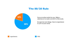 The 80/20 Rule	

;
Focus on what works for you. Make a
selection of 10 tools to do 80% of the work.
Be open for new things. Dare to experiment
in 20% of your work.
experiments daily
20%	

80%	

 