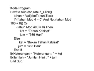 Kode Program
Private Sub cboTahun_Click()
tahun = Val(cboTahun.Text)
If ((tahun Mod 4 = 0) And Not (tahun Mod
100 = 0)) Or
(tahun Mod 400 = 0) Then
ket = "Tahun Kabisat"
jum = "366 Hari"
Else
ket = "Bukan Tahun Kabisat"
jum = "365 Hari"
End If
lblKeterangan = "Keterangan : " + ket
lblJumlah = "Jumlah Hari : " + jum
End Sub

 