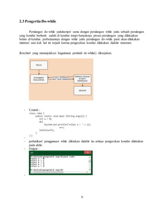 9
2.3 Pengertia Do-while
Perulangan do-while yaituhampir sama dengan perulangan while yaitu sebuah perulangan
yang kondisi berhenti sudah di ketahui tetapi banyaknya proses perulangan yang dilakuakan
belum di ketahui. perbedaannya dengan while yaitu perulangan do-while pasti akan dilakukan
minimal satu kali. hal ini terjadi karena pengecekan kondisi dilakukan diakhir statemen.
flowchart yang menunjukkan bagaimana perintah do while() dikerjakan:
- Contoh :
-
- perhatikan! penggunaan while diletakan diakhir itu artinya pengecekan kondisi dilakukan
pada akhir.
- Output :
-
 