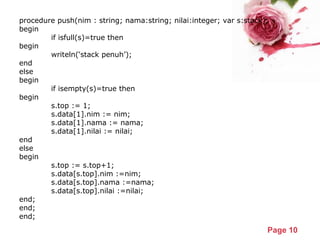 Powerpoint Templates
Page 10
procedure push(nim : string; nama:string; nilai:integer; var s:stack);
begin
if isfull(s)=true then
begin
writeln(‘stack penuh’);
end
else
begin
if isempty(s)=true then
begin
s.top := 1;
s.data[1].nim := nim;
s.data[1].nama := nama;
s.data[1].nilai := nilai;
end
else
begin
s.top := s.top+1;
s.data[s.top].nim :=nim;
s.data[s.top].nama :=nama;
s.data[s.top].nilai :=nilai;
end;
end;
end;
 