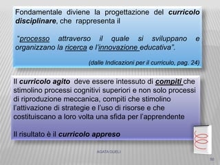 AGATA GUELI
Il curricolo agito deve essere intessuto di compiti che
stimolino processi cognitivi superiori e non solo processi
di riproduzione meccanica, compiti che stimolino
l’attivazione di strategie e l’uso di risorse e che
costituiscano a loro volta una sfida per l’apprendente
Il risultato è il curricolo appreso
Fondamentale diviene la progettazione del curricolo
disciplinare, che rappresenta il
“processo attraverso il quale si sviluppano e
organizzano la ricerca e l’innovazione educativa”.
(dalle Indicazioni per il curriculo, pag. 24)
50
 