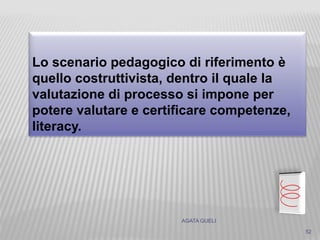 AGATA GUELI
Lo scenario pedagogico di riferimento è
quello costruttivista, dentro il quale la
valutazione di processo si impone per
potere valutare e certificare competenze,
literacy.
52
 