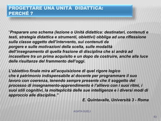 AGATA GUELI
63
PROGETTARE UNA UNITÀ DIDATTICA:
PERCHÉ ?
“Preparare uno schema (lezione o Unità didattica: destinatari, contenuti e
testi, strategia didattica e strumenti, obiettivi) obbliga ad una riflessione
sulla classe oggetto dell’intervento, sui contenuti da
porgere e sulle motivazioni della scelta, sulle modalità
dell’insegnamento di quella frazione di disciplina che si andrà ad
incasellare tra un prima acquisito e un dopo da costruire, anche alla luce
delle risultanze del frammento dell’oggi.
L’obiettivo finale mira all’acquisizione di quel rigore logico
che è patrimonio indispensabile al docente per programmare il suo
lavoro con coerenza, tenendo sempre presente che il soggetto del
processo di insegnamento-apprendimento è l’allievo con i suoi ritmi, i
suoi stili cognitivi, la molteplicità delle sue intelligenze e i diversi modi di
approccio alle discipline.”
E. Quintavalle, Università 3 - Roma
 