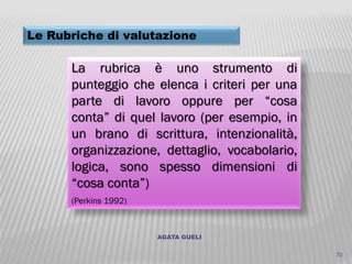 AGATA GUELI
70
Le Rubriche di valutazione
La rubrica è uno strumento di
punteggio che elenca i criteri per una
parte di lavoro oppure per “cosa
conta” di quel lavoro (per esempio, in
un brano di scrittura, intenzionalità,
organizzazione, dettaglio, vocabolario,
logica, sono spesso dimensioni di
“cosa conta”)
(Perkins 1992)
 