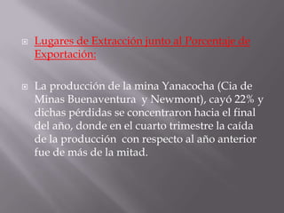    Lugares de Extracción junto al Porcentaje de
    Exportación:

   La producción de la mina Yanacocha (Cia de
    Minas Buenaventura y Newmont), cayó 22% y
    dichas pérdidas se concentraron hacia el final
    del año, donde en el cuarto trimestre la caída
    de la producción con respecto al año anterior
    fue de más de la mitad.
 