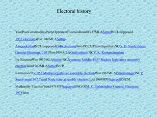 Electoral history
• YearPostConstituencyPartyOpponentElectionResult1937MLASatturINCUnopposed
• 1937 electionsWon1946MLASattur-
• AruppukottaiINCUnopposed1946 electionsWon1952MPSrivilliputhurINCG. D. NaiduIndian
General Elections, 1951Won1954MLAGudiyathamINCV. K. Kothandaraman
• By ElectionWon1957MLASatturINCJayarama Reddiar1957 Madras legislative assembly
electionWon1962MLASatturINCP.
• Ramamoorthy1962 Madras legislative assembly electionWon1967MLAVirudhunagarINCP.
Seenivasan1967 Tamil Nadu state assembly electionLost 1969MPNagercoilINCM.
• MathiasBy ElectionWon1971MPNagercoilINC(O)M. C. BalanIndian General Elections,
1971Won
 