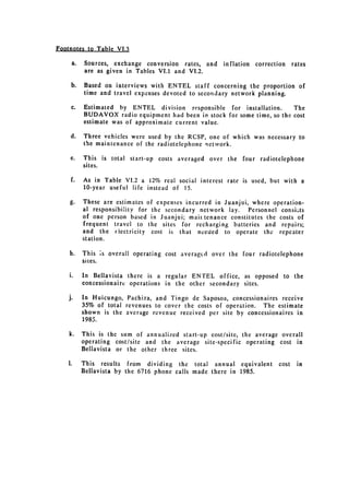 Footnotes to Table VI.3

     a. 	 Sources, exchange conversion rates, and    inflation   correction     rates
          are as given in Tables VI.1 and VI.2.

    b. 	 Based on interviews with ENTEL staff concerning the proportion of
         time and travel expenses devoted to secondary network planning.

    c. 	 Estimated by ENTEL division responsible for installation.       The
         BUDAVOX radio equipment had been in stock for some time, so the cost
         estimate was of approximate current value.

    d. 	 Three vehicles were used by the RCSP, one of which was necessary to
         the maintenance of the radiotelephone network.

    e. 	 This is total start-up costs averaged over the    four radiotelephone
         sites.

    f. 	 As in Table VI.2 a 12% real social interest rate is used, but with a
         10-year useful life instead of 15.

    g. 	 These are estimates of expenses incurred in Juanjui, where operation­
         al responsibility for the secondary network lay. Personnel consists
         of one person based in Juanjui; maii..tenance constitutes the costs of
         frequent travel to the sites for recharging batteries and repairs;
         and the ciectricity cost is that needed to operate the repeater
         station.

    h. 	 This ;s overall operating cost averagcd over the four radiotelephone
         sites.

    i. 	 In Bellavista there is a regular EN'FEL office, as opposed       to the
         concessionaire operations in the other secondary sites.

    j. 	 In Huicungo, Pachiza, and Tingo de Saposoa, concessionaires receive
         35% of total revenues to cover the costs of operation. The estimate
         shown is the average revenue received per site by concessionaires in
         1985.

    k. 	 This is the sum of annualized start-up cost/site, the average overall
         operating cost/site and the average site-specific operating cost in
         Bellavista or the other three sites.

    1. 	 This results from dividing the total annual equivalent          cost    in
         Bellavista by the 6716 phone calls made there in 1985.
 