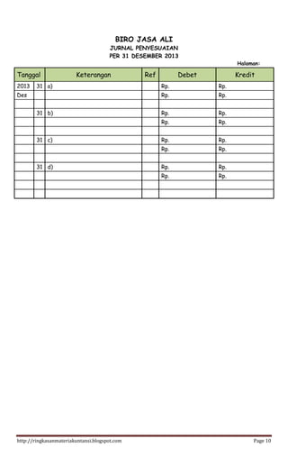 http://ringkasanmateriakuntansi.blogspot.com Page 10
BIRO JASA ALI
JURNAL PENYESUAIAN
PER 31 DESEMBER 2013
Halaman:
Tanggal Keterangan Ref Debet Kredit
2013 31 a) Rp. Rp.
Des Rp. Rp.
31 b) Rp. Rp.
Rp. Rp.
31 c) Rp. Rp.
Rp. Rp.
31 d) Rp. Rp.
Rp. Rp.
 