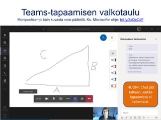 Teams-tapaamisen valkotaulu
Monipuolisempi kuin kuvasta voisi päätellä. Ks. Microsoftin ohje: bit.ly/2xQpOJF
HUOM: Chat jää
talteen, vaikka
tapaamista ei
tallentaisi.
 