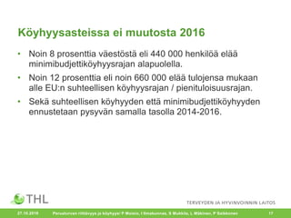 Köyhyysasteissa ei muutosta 2016
• Noin 8 prosenttia väestöstä eli 440 000 henkilöä elää
minimibudjettiköyhyysrajan alapuolella.
• Noin 12 prosenttia eli noin 660 000 elää tulojensa mukaan
alle EU:n suhteellisen köyhyysrajan / pienituloisuusrajan.
• Sekä suhteellisen köyhyyden että minimibudjettiköyhyyden
ennustetaan pysyvän samalla tasolla 2014-2016.
27.10.2016 Perusturvan riittävyys ja köyhyys/ P Moisio, I Ilmakunnas, S Mukkila, L Mäkinen, P Saikkonen 17
 