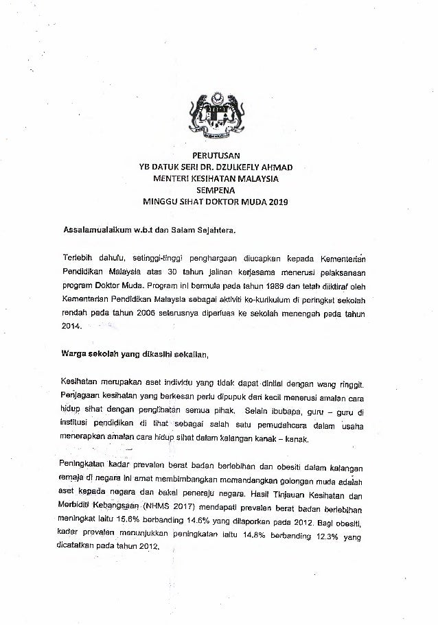 PERUTUSAN YB MENTERI KESIHATAN MALAYSIA SEMPENA SAMBUTAN MINGGU SIHATu2026