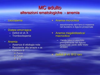 MC adulto alterazioni ematologiche  - anemia Leucopenia Diatesi emorragica Deficit di vit. K Trombocitopenia Anemia  Assenza di etiologia nota Resistente alla terapia x os Carenza di  Ferro Folati B12 Anemia microcitica  assorbimento del Ferro è massima nel duodeno e digiuno prossimale  Anemia megaloblastica/ macrocitica   l’acido folico è assorbito principalmente nel digiuno prossimale (sede della folato idrolasi) Deficit di vit. B12 raro 