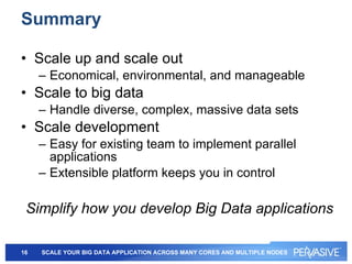 Summary Scale up and scale out Economical, environmental, and manageable  Scale to big data Handle diverse, complex, massive data sets Scale development Easy for existing team to implement parallel applications Extensible platform keeps you in control Simplify how you develop Big Data applications 