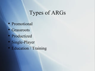 Types of ARGs ,[object Object],[object Object],[object Object],[object Object],[object Object]