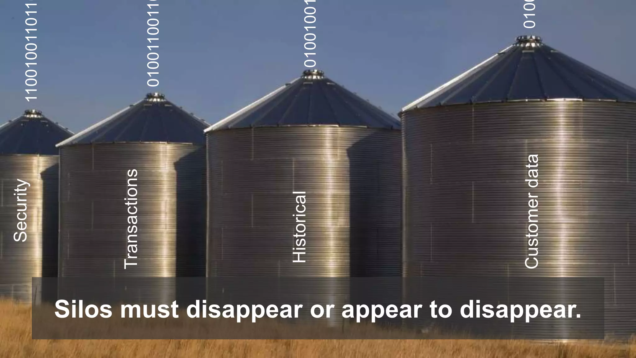 110010011011001 
010011001101101 
010010011011001 
010010011011001 
Security 
Transactions 
Historical 
Customer data 
Silos must disappear or appear to disappear. 
 