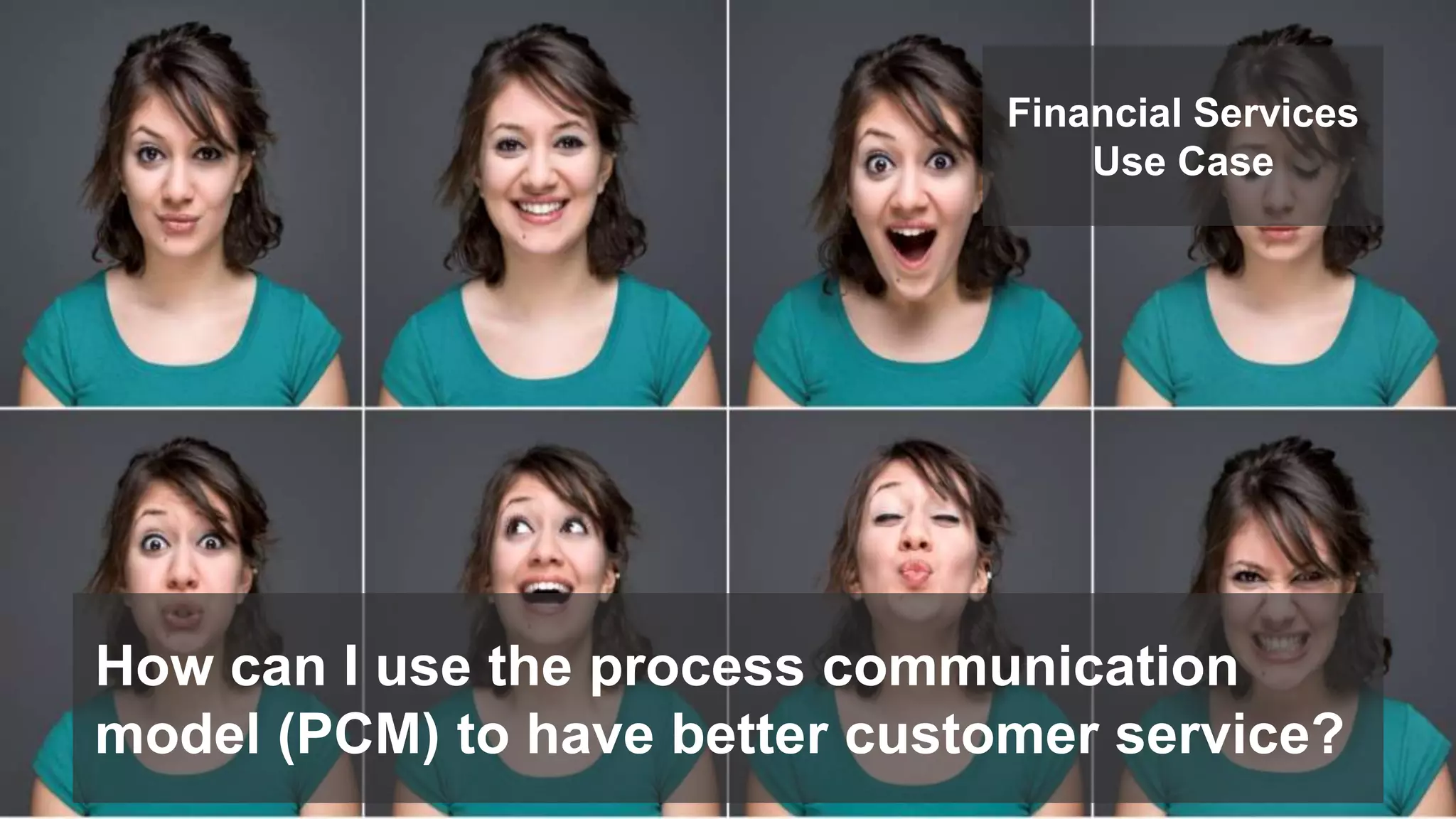 Financial Services 
Use Case 
How can I use the process communication 
model (PCM) to have better customer service? 
 