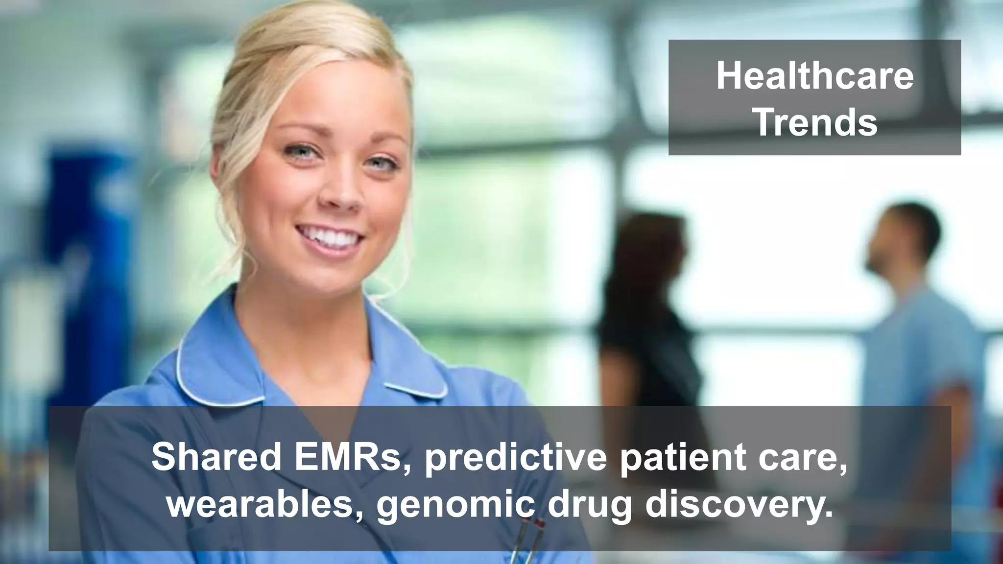 Healthcare 
Trends 
Shared EMRs, predictive patient care, 
wearables, genomic drug discovery. 
 
