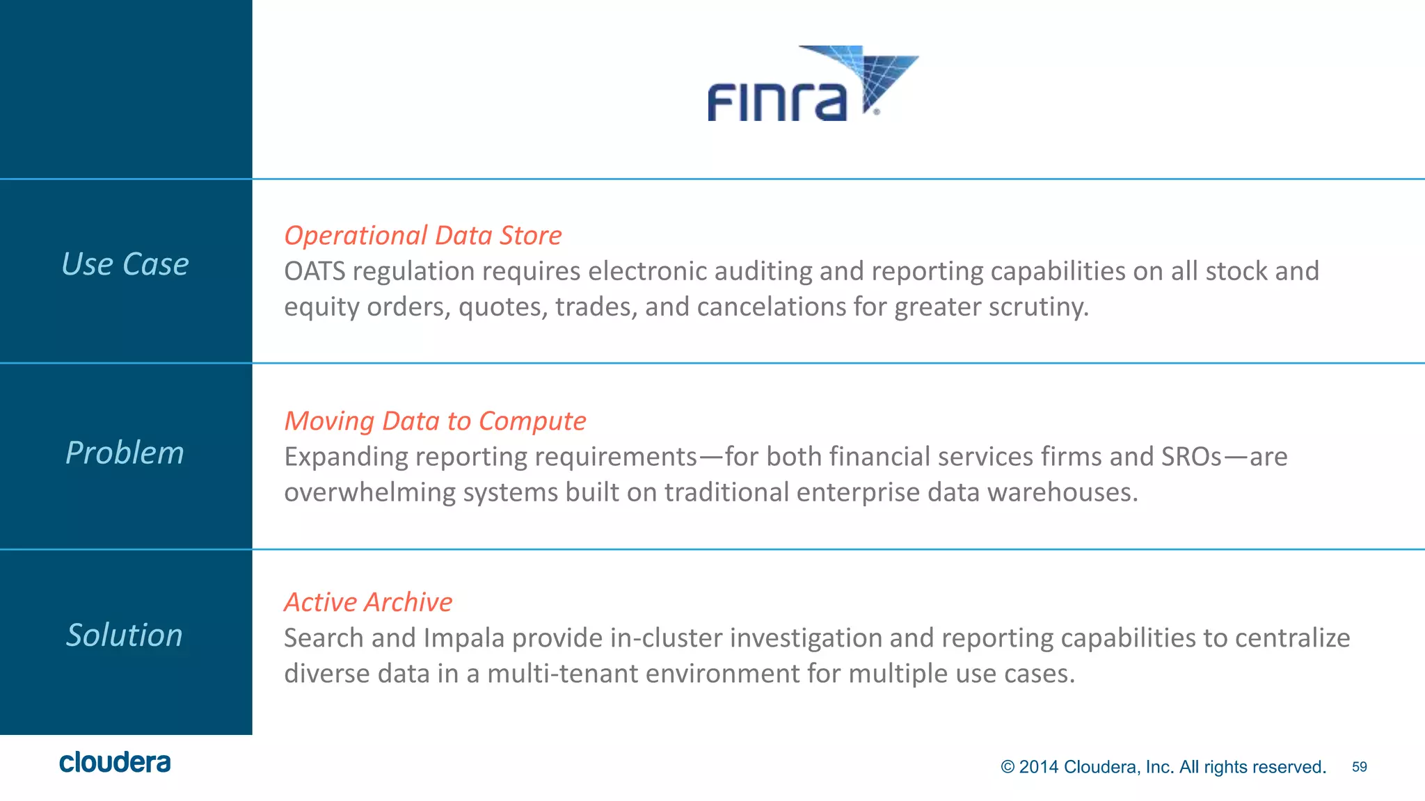 © 2014 Cloudera, Inc. All rights reserved. 59 
Problem 
Solution 
Operational Data Store 
OATS regulation requires electronic auditing and reporting capabilities on all stock and 
equity orders, quotes, trades, and cancelations for greater scrutiny. 
Moving Data to Compute 
Expanding reporting requirements—for both financial services firms and SROs—are 
overwhelming systems built on traditional enterprise data warehouses. 
Active Archive 
Search and Impala provide in-cluster investigation and reporting capabilities to centralize 
diverse data in a multi-tenant environment for multiple use cases. 
Use Case 
 