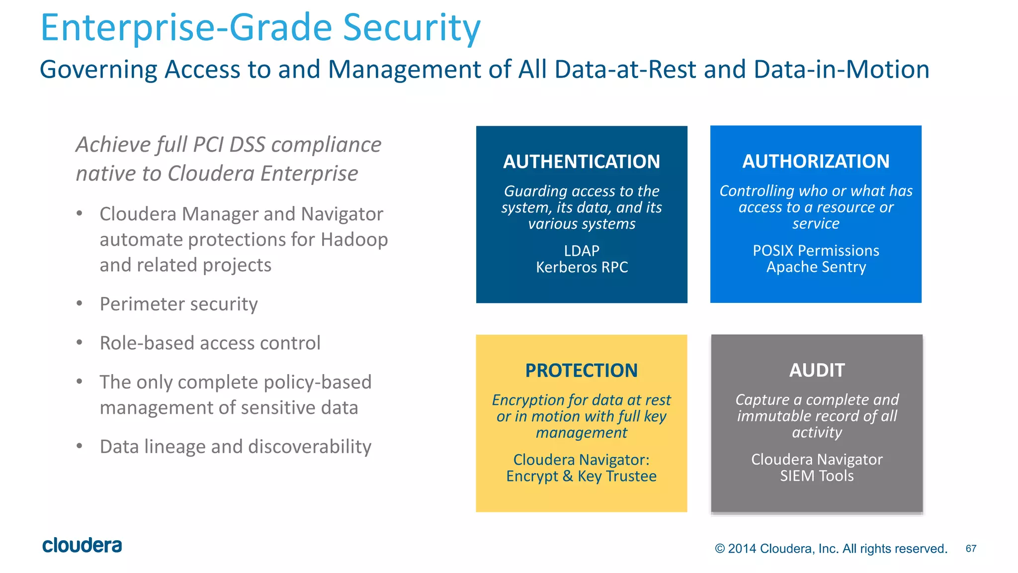 Enterprise-Grade Security 
Governing Access to and Management of All Data-at-Rest and Data-in-Motion 
© 2014 Cloudera, Inc. All rights reserved. 67 
AUTHENTICATION 
Guarding access to the 
system, its data, and its 
various systems 
LDAP 
Kerberos RPC 
PROTECTION 
Encryption for data at rest 
or in motion with full key 
management 
Cloudera Navigator: 
Encrypt & Key Trustee 
AUTHORIZATION 
Controlling who or what has 
access to a resource or 
service 
POSIX Permissions 
Apache Sentry 
AUDIT 
Capture a complete and 
immutable record of all 
activity 
Cloudera Navigator 
SIEM Tools 
Achieve full PCI DSS compliance 
native to Cloudera Enterprise 
• Cloudera Manager and Navigator 
automate protections for Hadoop 
and related projects 
• Perimeter security 
• Role-based access control 
• The only complete policy-based 
management of sensitive data 
• Data lineage and discoverability 
 