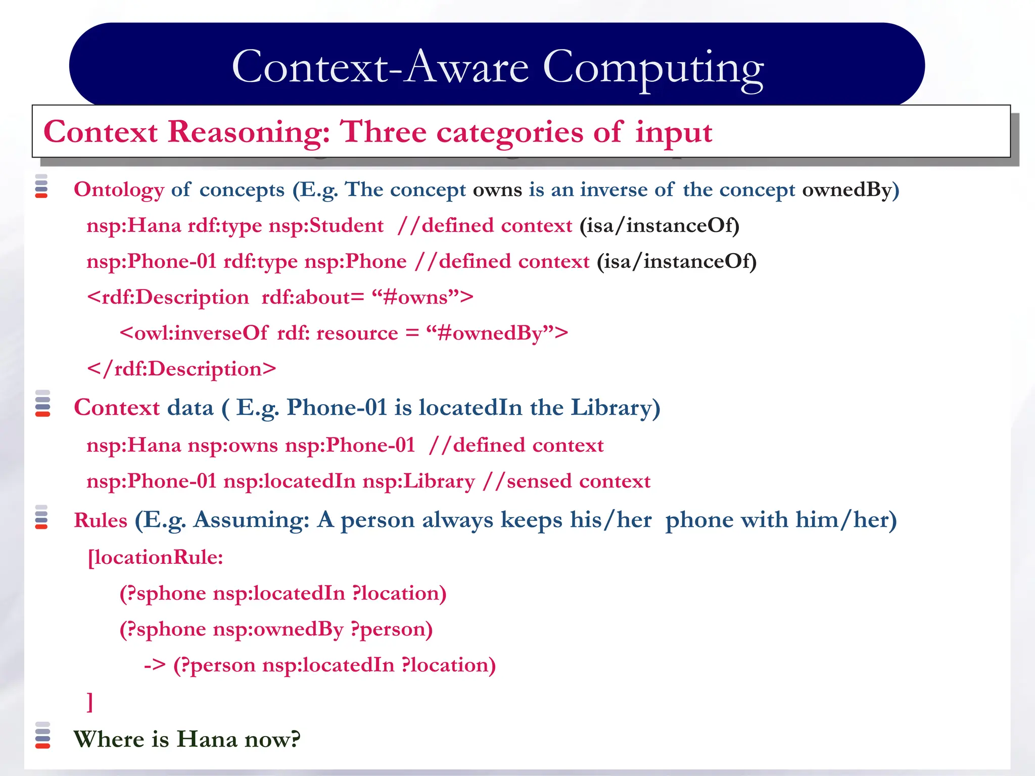 Context-Aware Computing
Context Reasoning: Three categories of input
Ontology of concepts (E.g. The concept owns is an inverse of the concept ownedBy)
nsp:Hana rdf:type nsp:Student //defined context (isa/instanceOf)
nsp:Phone-01 rdf:type nsp:Phone //defined context (isa/instanceOf)
<rdf:Description rdf:about= “#owns”>
<owl:inverseOf rdf: resource = “#ownedBy”>
</rdf:Description>
Context data ( E.g. Phone-01 is locatedIn the Library)
nsp:Hana nsp:owns nsp:Phone-01 //defined context
nsp:Phone-01 nsp:locatedIn nsp:Library //sensed context
Rules (E.g. Assuming: A person always keeps his/her phone with him/her)
[locationRule:
(?sphone nsp:locatedIn ?location)
(?sphone nsp:ownedBy ?person)
-> (?person nsp:locatedIn ?location)
]
Where is Hana now?
 