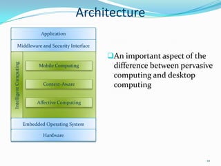 Architecture
                               Application

         Middleware and Security Interface

                                                     An important aspect of the
Intelligent Computing




                              Mobile Computing        difference between pervasive
                                                      computing and desktop
                                Context-Aware         computing

                             Affective Computing



                        Embedded Operating System

                                Hardware




                                                                                   10
 