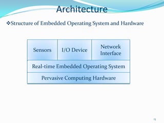 Architecture
Structure of Embedded Operating System and Hardware



                                   Network
          Sensors    I/O Device
                                   Interface

         Real-time Embedded Operating System

             Pervasive Computing Hardware




                                                       13
 