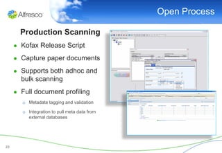 Open Process

       Production Scanning
     ● Kofax Release Script

     ● Capture paper documents

     ● Supports both adhoc and
       bulk scanning
     ● Full document profiling
       o Metadata tagging and validation

       o Integration to pull meta data from
         external databases




23
 