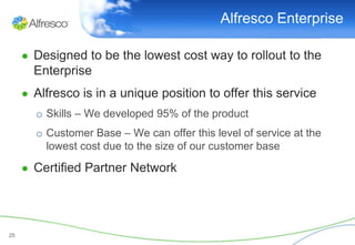 Alfresco Enterprise

     ● Designed to be the lowest cost way to rollout to the
       Enterprise
     ● Alfresco is in a unique position to offer this service
       o Skills – We developed 95% of the product
       o Customer Base – We can offer this level of service at the
         lowest cost due to the size of our customer base

     ● Certified Partner Network




25
 