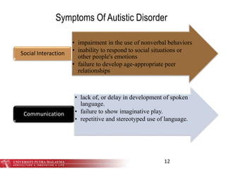 Symptoms Of Autistic Disorder
12
• impairment in the use of nonverbal behaviors
• inability to respond to social situations or
other people's emotions
• failure to develop age-appropriate peer
relationships
Social Interaction
• lack of, or delay in development of spoken
language.
• failure to show imaginative play.
• repetitive and stereotyped use of language.
Communication
 