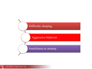 Difficulty sleeping
Aggressive behavior
Fearfulness or anxiety
 