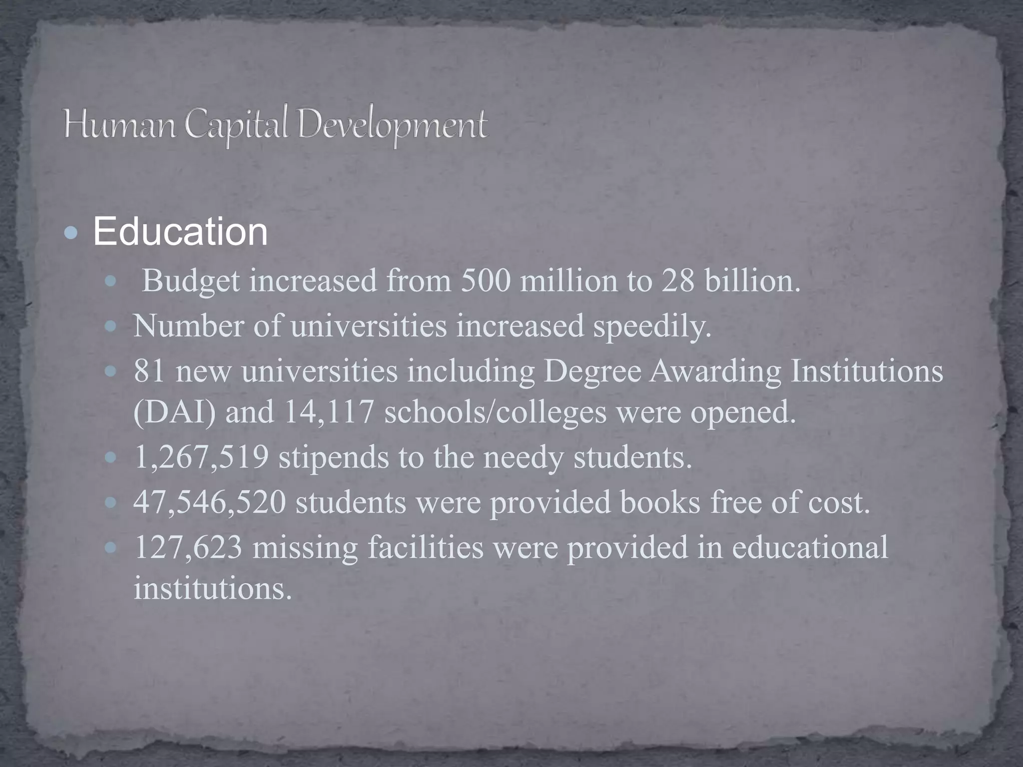  Education
 Budget increased from 500 million to 28 billion.
 Number of universities increased speedily.
 81 new universities including Degree Awarding Institutions
(DAI) and 14,117 schools/colleges were opened.
 1,267,519 stipends to the needy students.
 47,546,520 students were provided books free of cost.
 127,623 missing facilities were provided in educational
institutions.
 