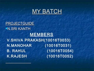 MY BATCHMY BATCH
PROJECTGUIDEPROJECTGUIDE
N.SRI KANTHN.SRI KANTH
MEMBERS
V.SHIVA PRAKASH(10016T0033)
N.MANOHAR (10016T0031)
B. RAHUL (10016T0054)
K.RAJESH (10016T0052)
 