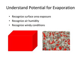 Understand Potential for Evaporation Recognize surface area exposure Recognize air humidity Recognize windy conditions 