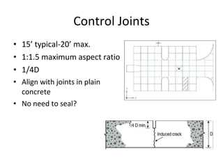Control Joints 15’ typical-20’ max. 1:1.5 maximum aspect ratio  1/4D Align with joints in plain concrete No need to seal? 