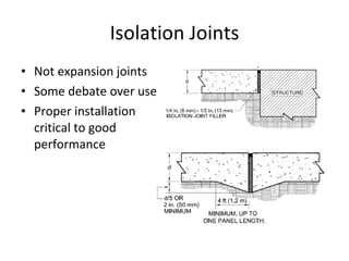 Isolation Joints Not expansion joints Some debate over use Proper installation critical to good performance 