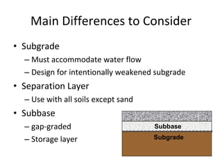 Main Differences to Consider Subgrade Must accommodate water flow Design for intentionally weakened subgrade Separation Layer Use with all soils except sand Subbase gap-graded Storage layer Subbase Subgrade 