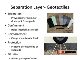 Separation Layer- Geotextiles Seperation Prevents intermixing of drain rock & subgrade Confinement Helps interlock drainrock Reinforcement Carrys some tensile load Protection Protects permeab ility of subgrade Filtration Allows passage of water 